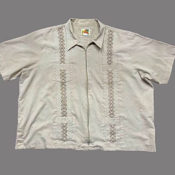 Haband Guayabera Vintage Cuban Tan Embroidered Full Zip Casual Shirt Men's 6XL - Picture 1 of 8